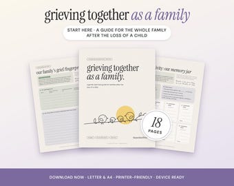 May include: A digital guide titled grieving together as a family with 18 pages. The cover features a yellow sun and four birds on a branch. The document includes worksheets for families after the loss of a child, with sections for memory jars and grief fingerprints.