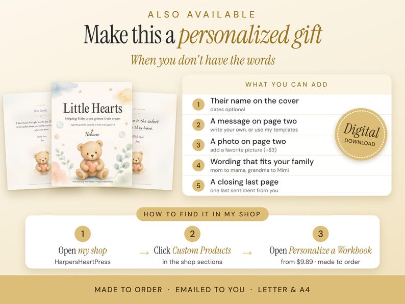 May include: A digital download guide titled Little Hearts Helping little ones grieve their mom featuring a teddy bear illustration. The image includes text detailing personalization options like adding names, photos, and custom messages, plus instructions on how to order.