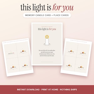 May include: A memory candle card and place cards set featuring the text this light is for you. The central card displays a candle illustration and a poem about Christmas in heaven. The two side sheets contain four smaller place cards each.