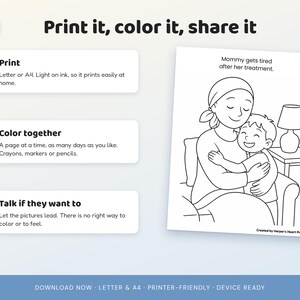 May include: A digital coloring page featuring a line drawing of a person with a head covering hugging a child. The text reads: Print it, color it, share it, Mommy gets tired after her treatment, and Created by Harper's Heart Press.