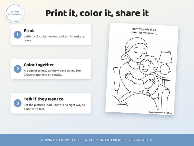 May include: A digital coloring page featuring a line drawing of a person with a head covering hugging a child. The text reads: Print it, color it, share it, Mommy gets tired after her treatment, and Created by Harper's Heart Press.