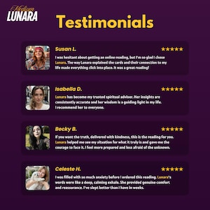 Puede incluir: Un gr&aacute;fico p&uacute;rpura con el texto "Medium Lunara Testimonials" en amarillo. El gr&aacute;fico incluye cuatro testimonios de clientes con fotos y calificaciones por estrellas. Cada testimonio comparte experiencias positivas con las lecturas de Lunara.