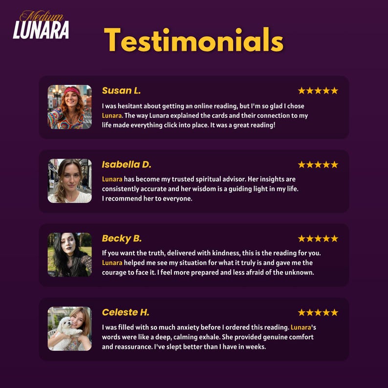 Puede incluir: Un gr&aacute;fico p&uacute;rpura con el texto "Medium Lunara Testimonials" en amarillo. El gr&aacute;fico incluye cuatro testimonios de clientes con fotos y calificaciones por estrellas. Cada testimonio comparte experiencias positivas con las lecturas de Lunara.