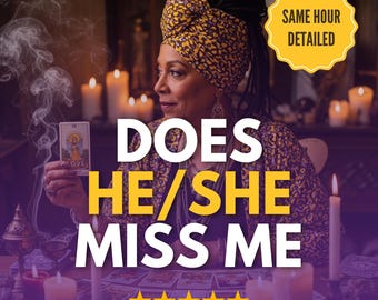 May include: An image featuring a woman with a turban holding a tarot card. The text on the image reads "DOES HE/SHE MISS ME" in large white letters. A yellow badge says "SAME HOUR DETAILED". The image has a mystical theme.