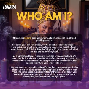 Puede incluir: Imagen de una mujer con rastas y un pa&ntilde;uelo en la cabeza estampado. El texto "WHO AM I?" se muestra de forma destacada. La imagen promociona lecturas ps&iacute;quicas y de tarot, con texto que describe los servicios.