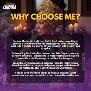 Puede incluir: Imagen de una mujer sonriente con un pa&ntilde;uelo en la cabeza estampado. La superposici&oacute;n de texto dice "WHY CHOOSE ME?" seguido de texto sobre orientaci&oacute;n personalizada y lecturas honestas. Velas y cartas del tarot en el fondo.