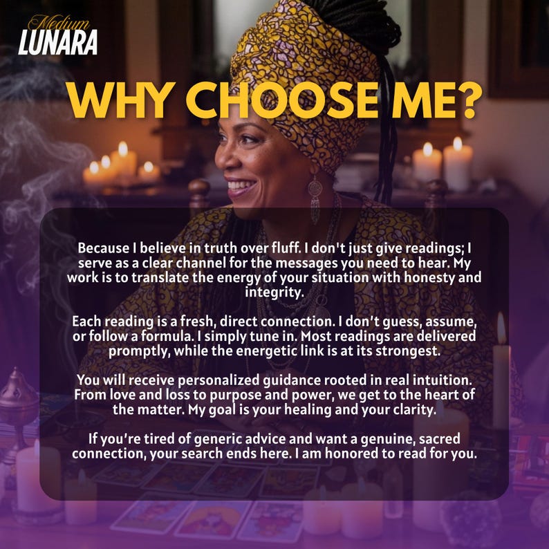 Puede incluir: Imagen de una mujer sonriente con un pa&ntilde;uelo en la cabeza estampado. La superposici&oacute;n de texto dice "WHY CHOOSE ME?" seguido de texto sobre orientaci&oacute;n personalizada y lecturas honestas. Velas y cartas del tarot en el fondo.