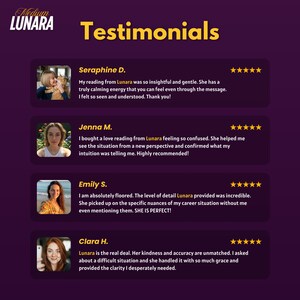 Puede incluir: Gr&aacute;fico con el texto "Medium Lunara Testimonials" en blanco y amarillo. Los testimonios son de Seraphine D., Jenna M., Emily S. y Clara H. Cada testimonio incluye una foto y una calificaci&oacute;n de 5 estrellas.
