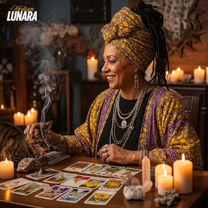 Puede incluir: Una mujer con un pa&ntilde;uelo y chaqueta estampados en amarillo y morado, sonr&iacute;e sentada a una mesa con cartas del tarot, cristales y velas encendidas. Hay un gato cerca. El texto "Medium Lunara" est&aacute; en la esquina superior izquierda.