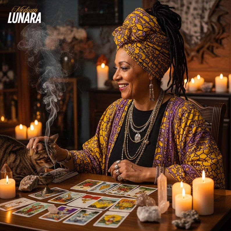 Puede incluir: Una mujer con un pa&ntilde;uelo y chaqueta estampados en amarillo y morado, sonr&iacute;e sentada a una mesa con cartas del tarot, cristales y velas encendidas. Hay un gato cerca. El texto "Medium Lunara" est&aacute; en la esquina superior izquierda.