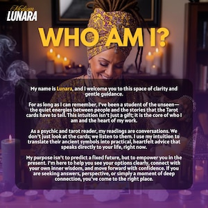 May include: Image featuring a woman with dreadlocks and a patterned head wrap, smiling. Text overlay reads "WHO AM I?" and introduces Lunara, a psychic and tarot reader offering guidance and insight. The background includes candles and soft lighting.