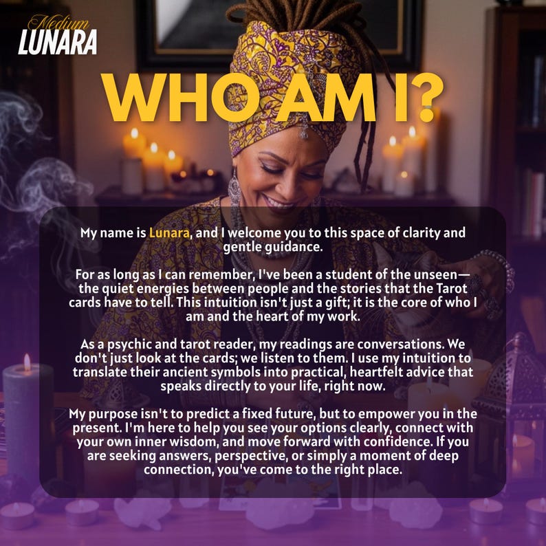 May include: Image featuring a woman with dreadlocks and a patterned head wrap, smiling. Text overlay reads "WHO AM I?" and introduces Lunara, a psychic and tarot reader offering guidance and insight. The background includes candles and soft lighting.