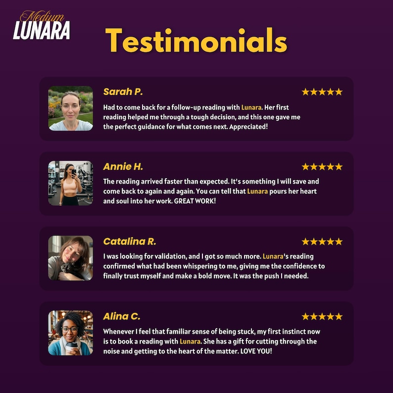 Puede incluir: Gr&aacute;fico p&uacute;rpura con la palabra "Testimonios" en amarillo. Se muestran cuatro rese&ntilde;as de clientes, cada una con una foto, un nombre y una calificaci&oacute;n de cinco estrellas. Las rese&ntilde;as destacan las experiencias positivas con los servicios de Lunara.