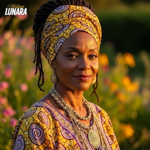 Puede incluir: Una mujer con un pa&ntilde;uelo y una blusa estampados en amarillo y morado, adornada con joyas doradas. La imagen incluye el texto "Medium LUNARA" en la esquina superior izquierda. El fondo presenta un campo de flores borroso.