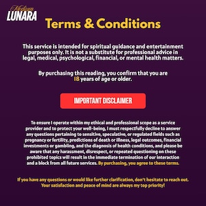 Puede incluir: Gr&aacute;fico digital sobre un fondo morado oscuro con las palabras "Terms & Conditions" en amarillo. El texto incluye un descargo de responsabilidad sobre orientaci&oacute;n espiritual y confirmaci&oacute;n de edad, con un bot&oacute;n "IMPORTANT DISCLAIMER".