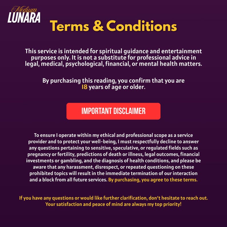 Puede incluir: Gr&aacute;fico digital sobre un fondo morado oscuro con las palabras "Terms & Conditions" en amarillo. El texto incluye un descargo de responsabilidad sobre orientaci&oacute;n espiritual y confirmaci&oacute;n de edad, con un bot&oacute;n "IMPORTANT DISCLAIMER".