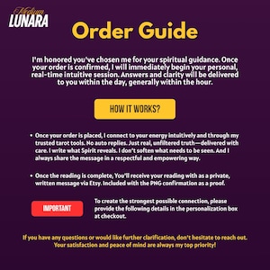 Puede incluir: Un gr&aacute;fico p&uacute;rpura con el texto "Order Guide" en amarillo. La gu&iacute;a explica el proceso de recibir orientaci&oacute;n espiritual, incluyendo c&oacute;mo se realizan y entregan las lecturas. Tambi&eacute;n incluye un bot&oacute;n que dice "How It Works?"