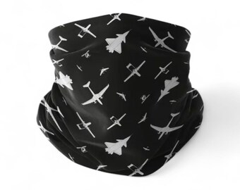 Black Airplane Silhouette Neck Gaiter, Aviation Face Cover, Pilot Scarf