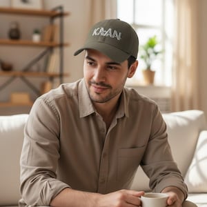 Può includere: Cappellino da baseball verde oliva con la scritta "KAAN" ricamata in bianco. Il cappellino ha una visiera curva e una vestibilità strutturata. La persona nell'immagine indossa una camicia abbottonata.