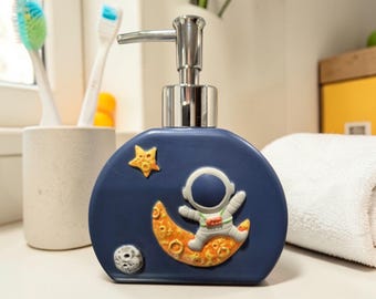 Astronaut Moon Soap Dispenser – Space Bathroom Decor, Kids Handwashing Fun