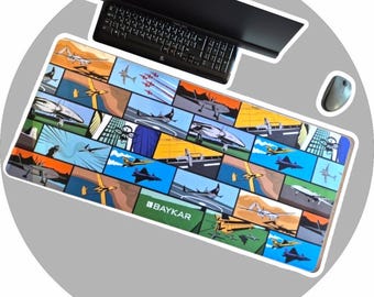 Retro Baykar Mouse Pad, Vintage Aviation Comic Style, 90x40cm Desk Mat