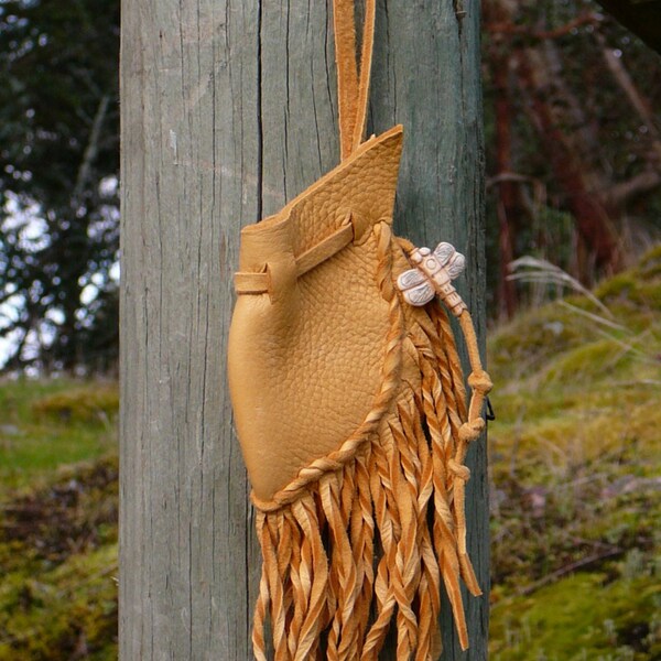 Deerskin Dragonfly Medicine Bag by Pluct with Dragonfly Bead, Amulet Bag