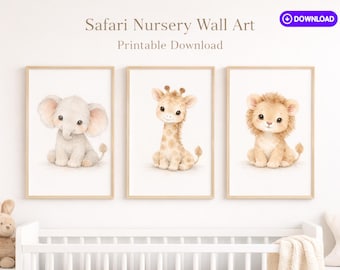 Barnrumskonst med safaridjur, akvarell djungeltryck (digital nedladdning)
