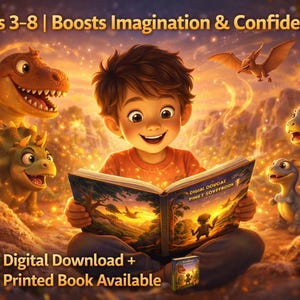 May include: A digital illustration of a smiling child reading a book surrounded by friendly dinosaurs. The book's cover features a landscape scene. Text reads: "Ages 3-8 | Boosts Imagination & Confidence" and "Digital Download + Printed Book Available."