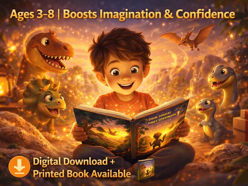 May include: A digital illustration of a smiling child reading a book surrounded by friendly dinosaurs. The book's cover features a landscape scene. Text reads: "Ages 3-8 | Boosts Imagination & Confidence" and "Digital Download + Printed Book Available."