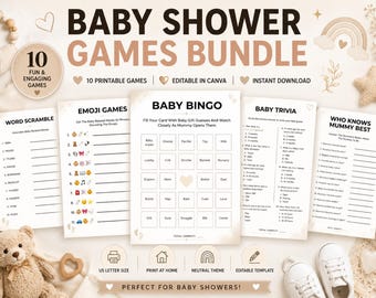 Baby Shower Games Bundle Printable, 10 Editable Canva Baby Shower Games, Neutral Baby Shower Activities, Instant Download PDF, Baby Bingo