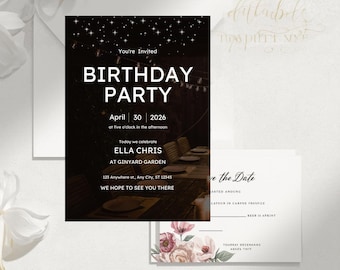 Mall för modern svart födelsedagsinbjudan | Minimalistisk Canvas-inbjudan för vuxna (digital nedladdning)
