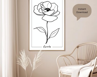 Personligt tryck av födelseblomma, anpassad botanisk linjekonst (digital nedladdning 20x25 cm)
