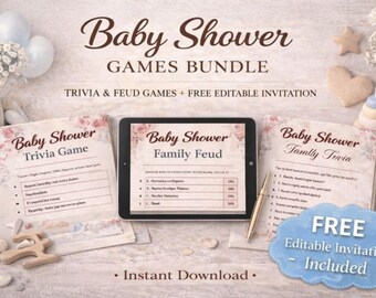 Babyshower-spelpaket | Trivia, fejd + gratis redigerbar Canva-inbjudan (digital nedladdning)