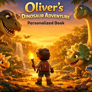 May include: A vibrant illustration for a children's book titled "Oliver's Dinosaur Adventure." The image features a young explorer with a torch, surrounded by friendly dinosaurs in a lush, golden-lit prehistoric landscape.
