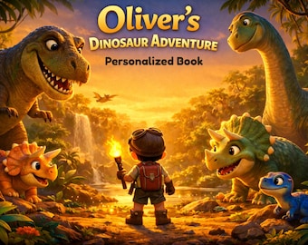 Personlig dinosaurieäventyrsbok för barn, anpassad namnbok för godnatt