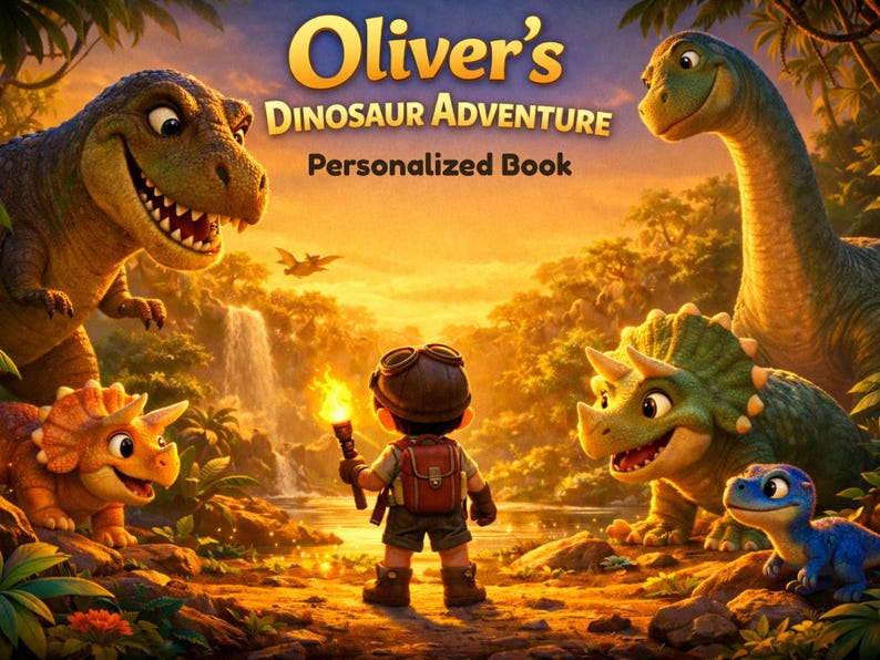 May include: A vibrant illustration for a children's book titled "Oliver's Dinosaur Adventure." The image features a young explorer with a torch, surrounded by friendly dinosaurs in a lush, golden-lit prehistoric landscape.