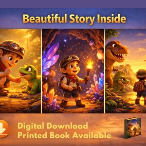 May include: A digital illustration featuring a young explorer with a backpack and goggles, interacting with dinosaurs in a vibrant, fantasy setting. The image includes the text "Beautiful Story Inside" and "Digital Download Printed Book Available".