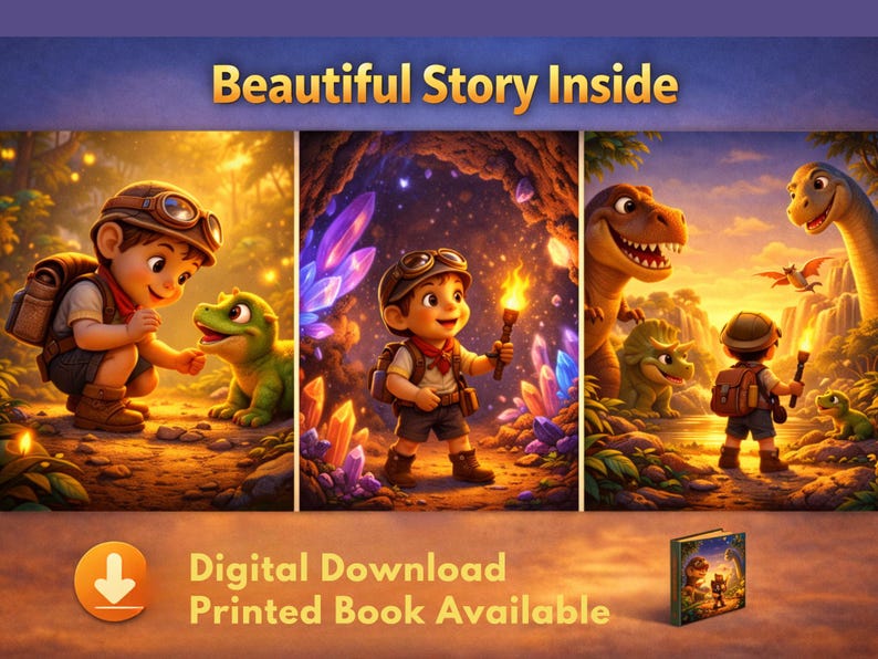 May include: A digital illustration featuring a young explorer with a backpack and goggles, interacting with dinosaurs in a vibrant, fantasy setting. The image includes the text "Beautiful Story Inside" and "Digital Download Printed Book Available".