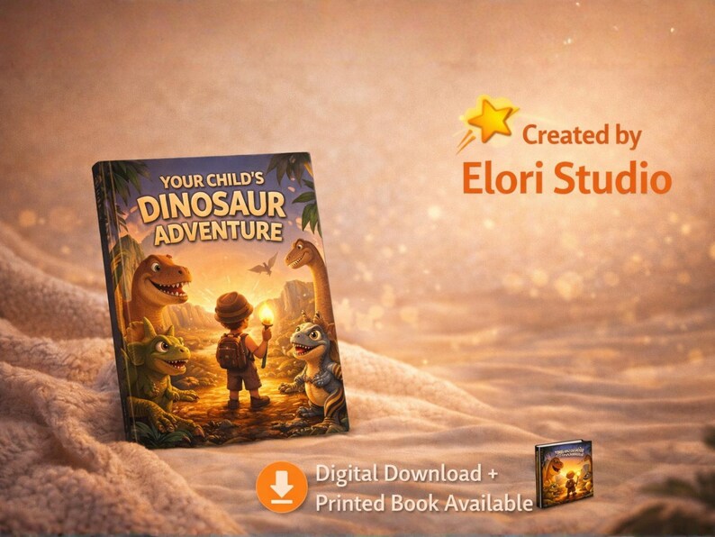 May include: A children's book titled "Your Child's Dinosaur Adventure" features a colorful illustration of a boy with a torch, surrounded by friendly dinosaurs. The cover art is set against a warm, inviting background. Digital download and printed book available.