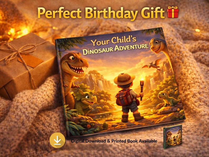 May include: A children's book titled "Your Child's Dinosaur Adventure" with a colorful illustration of a boy with a backpack and a torch, surrounded by dinosaurs. The text "Perfect Birthday Gift" is at the top. A small gift box is visible.