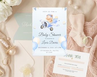 Inbjudan till babyshower med blått flygplan | Redigerbar mall (digital nedladdning)