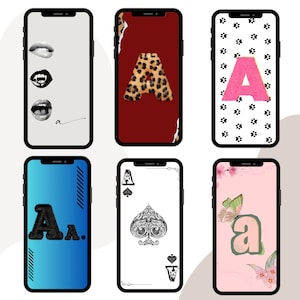 Pode incluir: Seis ecrãs de smartphone com designs diversos. Um apresenta lábios, outro um "A" com estampa de leopardo, e um terceiro um "A" rosa sobre um fundo de pegadas. Outros ecrãs mostram um gradiente azul com um "A" preto, um Ás de Espadas e um design floral rosa com um "a" verde.