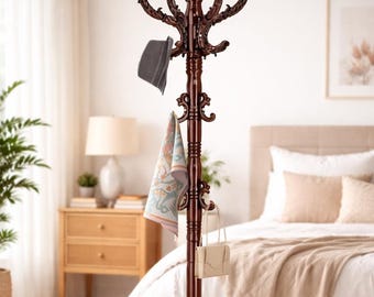 Solid Birch Wood Coat Rack, 14 Hooks, Vintage Style Triangle Base