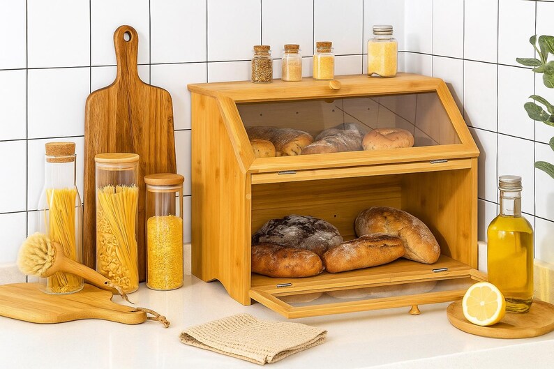 May include: A bamboo bread box with a clear glass door, filled with various loaves of bread. Jars of pasta, spices, and oil are arranged on the counter. A wooden cutting board and a lemon are also visible.