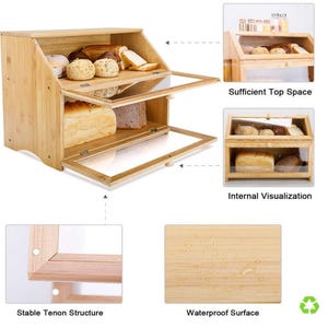 May include: A bamboo bread box with two clear glass doors, showcasing various types of bread. The box has a natural wood finish and a rectangular shape. The image also highlights the stable tenon structure and waterproof surface.