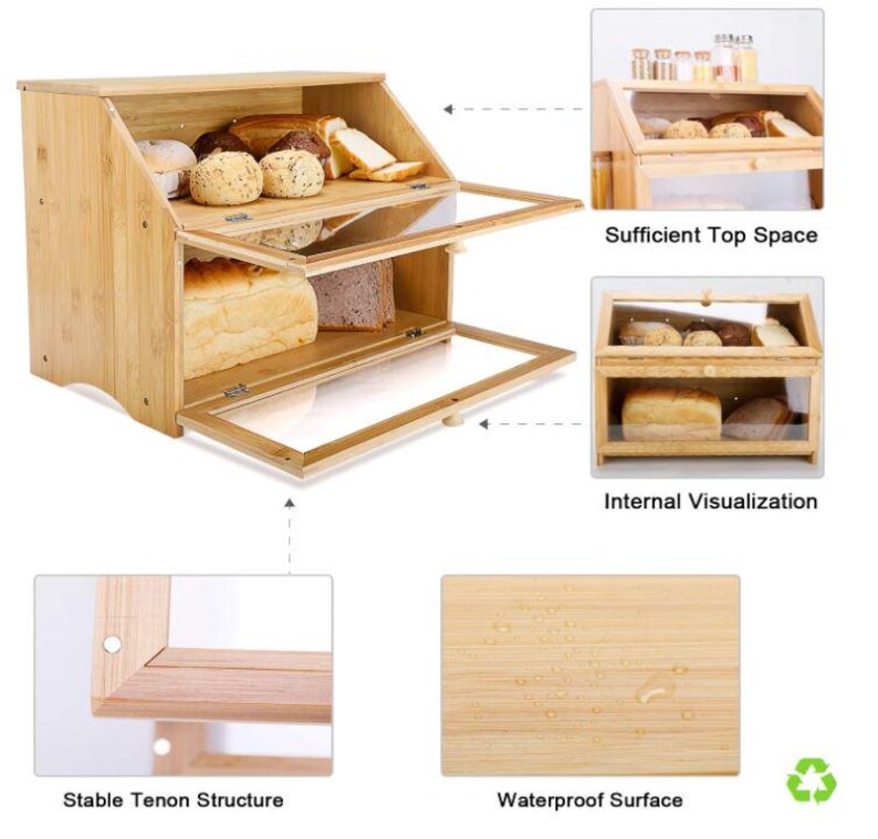May include: A bamboo bread box with two clear glass doors, showcasing various types of bread. The box has a natural wood finish and a rectangular shape. The image also highlights the stable tenon structure and waterproof surface.