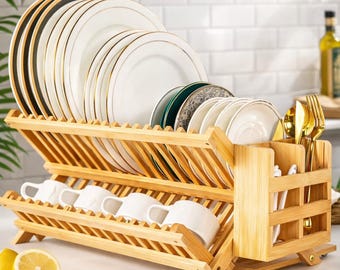 2 Tier Bamboo Wooden Dish Drying Rack | Plate Rack with Utensil Holder | Kitchen Holder | Dish Organizer | Countertop Decor