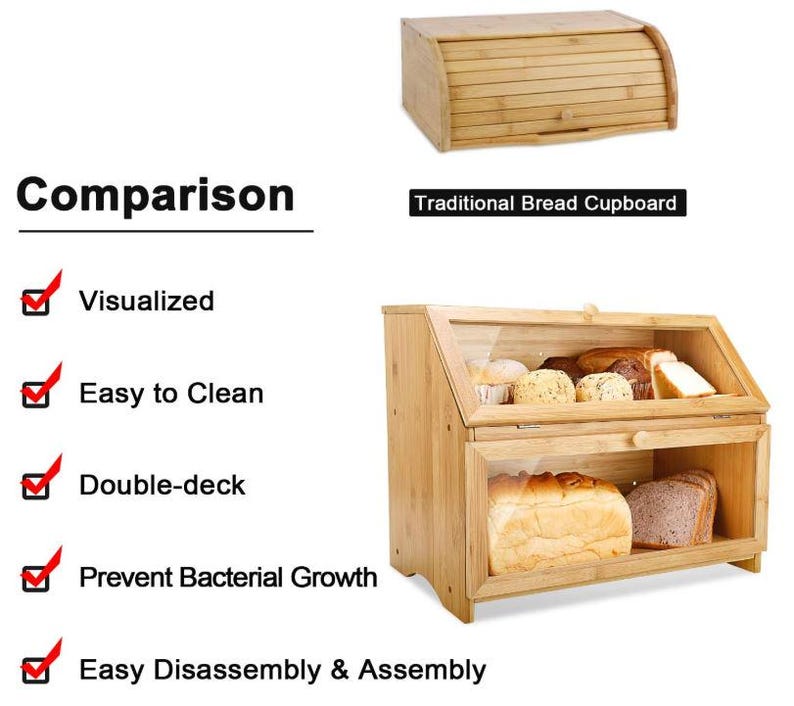 May include: A comparison of two wooden bread storage containers. The top image shows a roll-top bread box. The bottom image shows a double-deck bread cabinet with a glass door, containing bread. Text highlights features like easy cleaning.