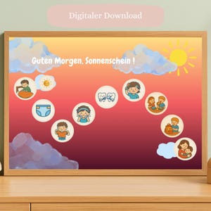 Könnte beinhalten: Ein gerahmter Druck mit einem Farbverlaufshintergrund aus Orange, Rot und Gelb. Der Druck zeigt Illustrationen von Kindern und den Text "Guten Morgen, Sonnenschein!" und "Digitaler Download". Die Illustrationen zeigen tägliche Aktivitäten.