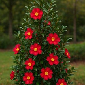 Yuletide Red Camellia Sasanqua – Winter-Blooming Flowering Shrub Starter Plant, Heat & Drought Tolerant Garden Plant